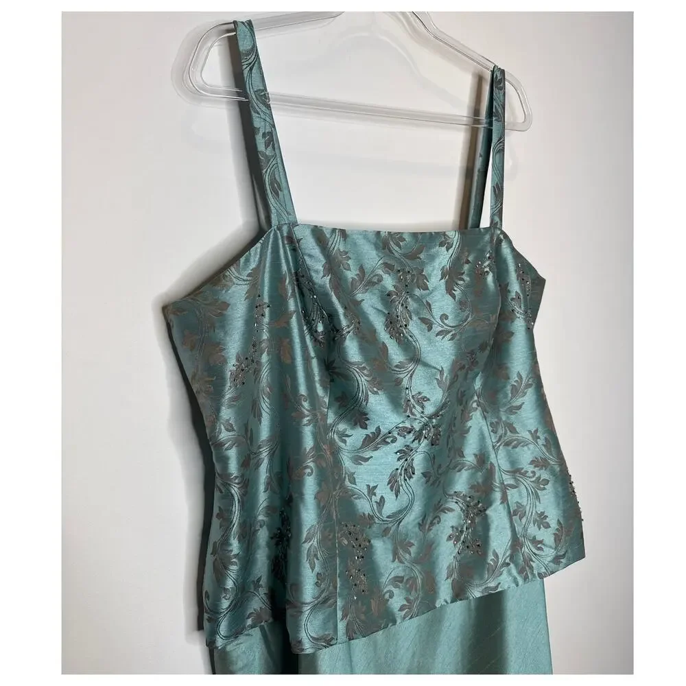 2000s R&M Richards seafoam brocade jacket & satin dress set size 18